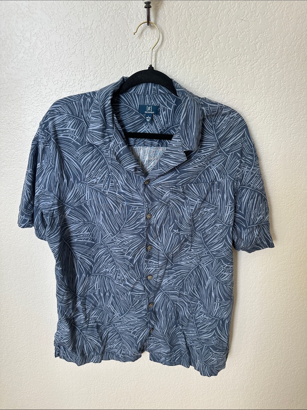 George Blue Leaf-Print Button-Front Short Sleeve Shirt